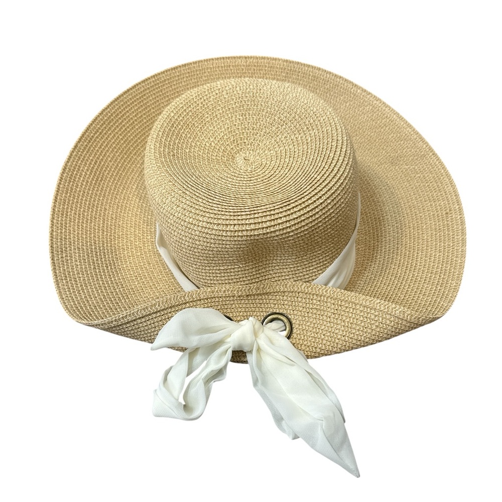 Riviera New York Packable Straw Scarf Sun Hat Wide Brim - Picture 3 of 6